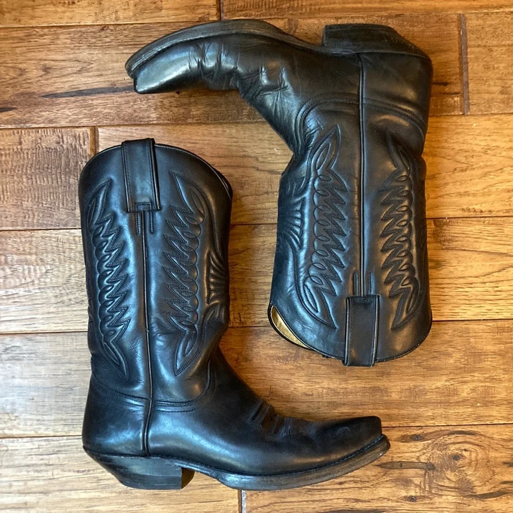 Sancho Black Leather Embossed Embroidered Pointed Toe Western Cowboy Boots Sz 40